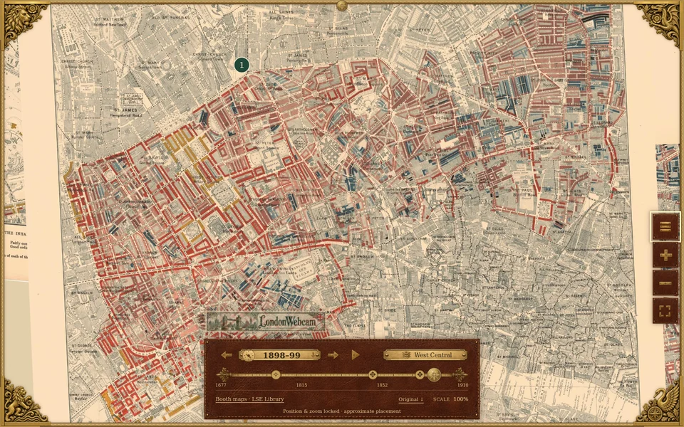 The London time atlas with its historic street map, brass animal corners, map controls and edition timeline