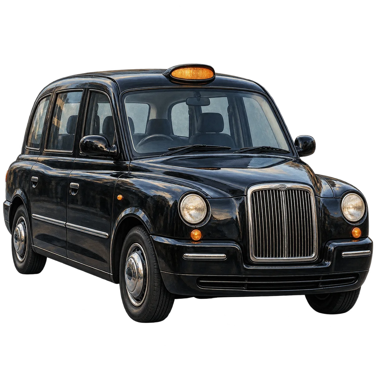 a black London taxi viewed from a three-quarter angle.