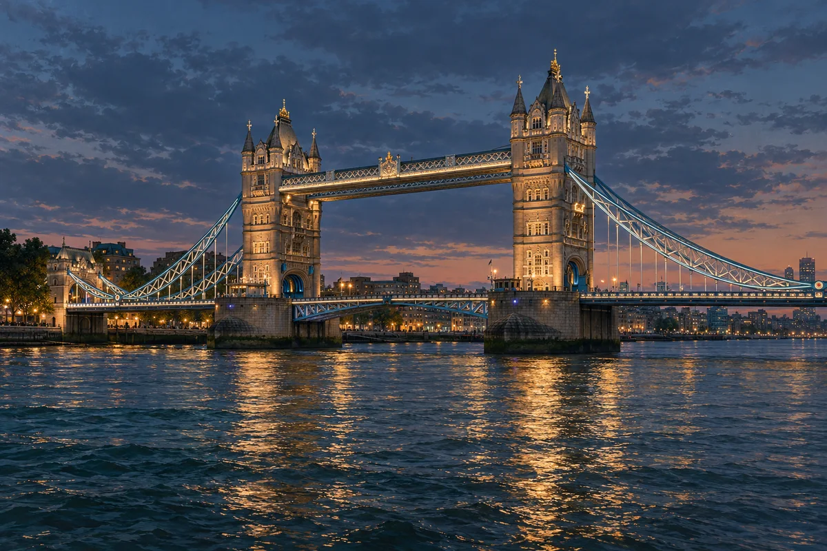 Tower Bridge lit against a blue evening sky, with golden reflections on the Thames.