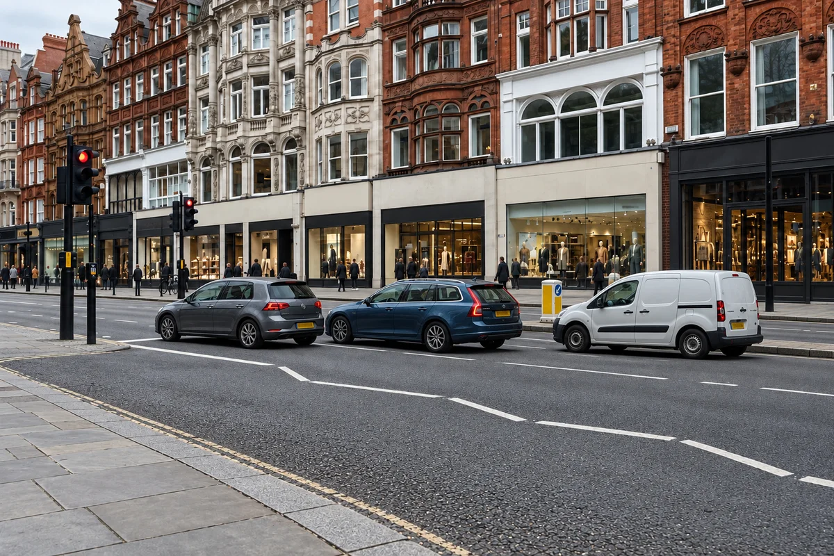 Generated Brompton Road view with three vehicles behind a stop line, a central refuge and the road continuing beyond the left edge.
