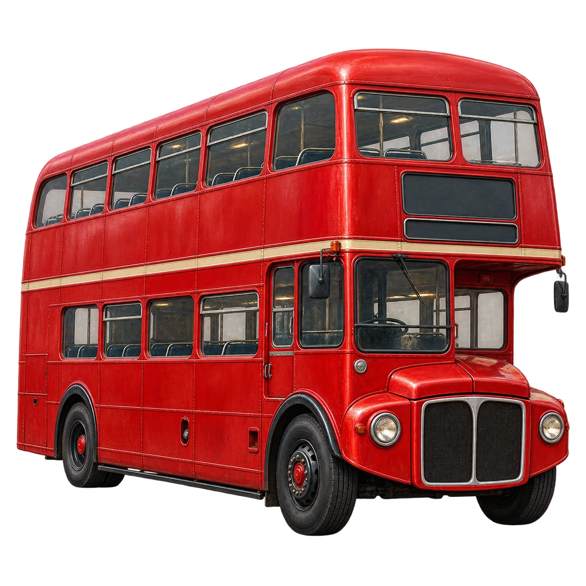 a classic red London double-decker bus viewed from a front three-quarter angle.