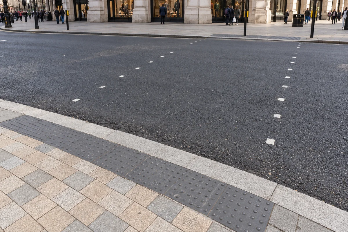 Editorial Oxford Circus side crossing with tactile paving, a low kerb and dotted boundary markings across the road.