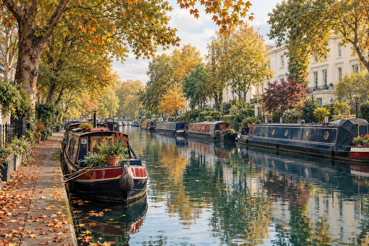 moored narrowboats beside calm canal water and autumn trees.