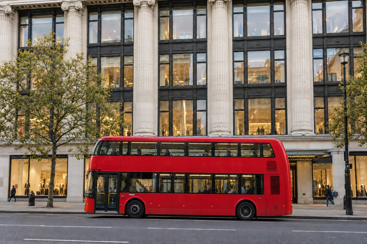A red double-decker bus partly conceals an Oxford Street doorway while Selfridges' upper columns remain visible.