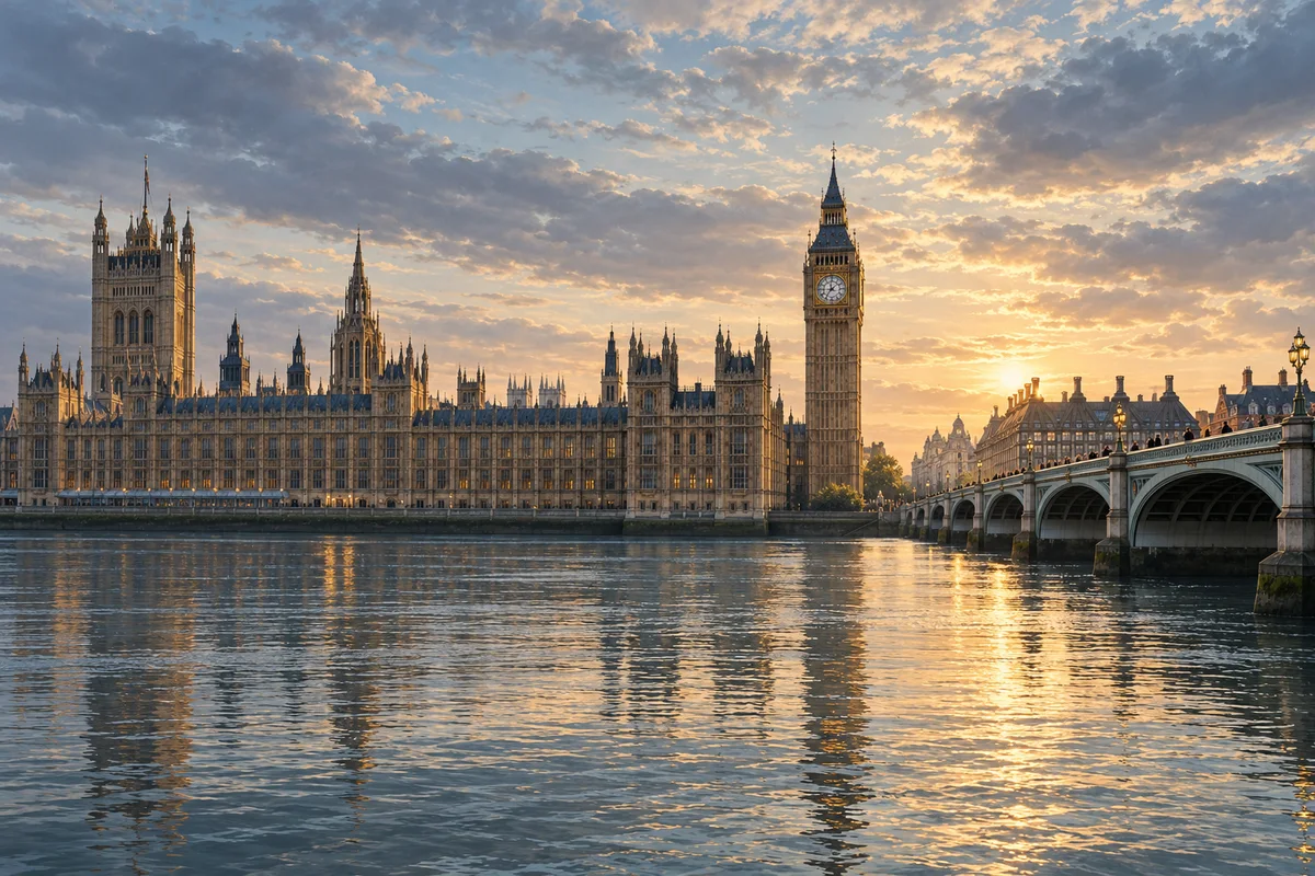 Illustrated view of Westminster and Elizabeth Tower beside the Thames, with Westminster Bridge and golden reflections.