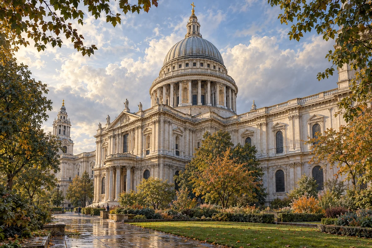 St Paul's Cathedral beyond a garden path and autumn foliage.