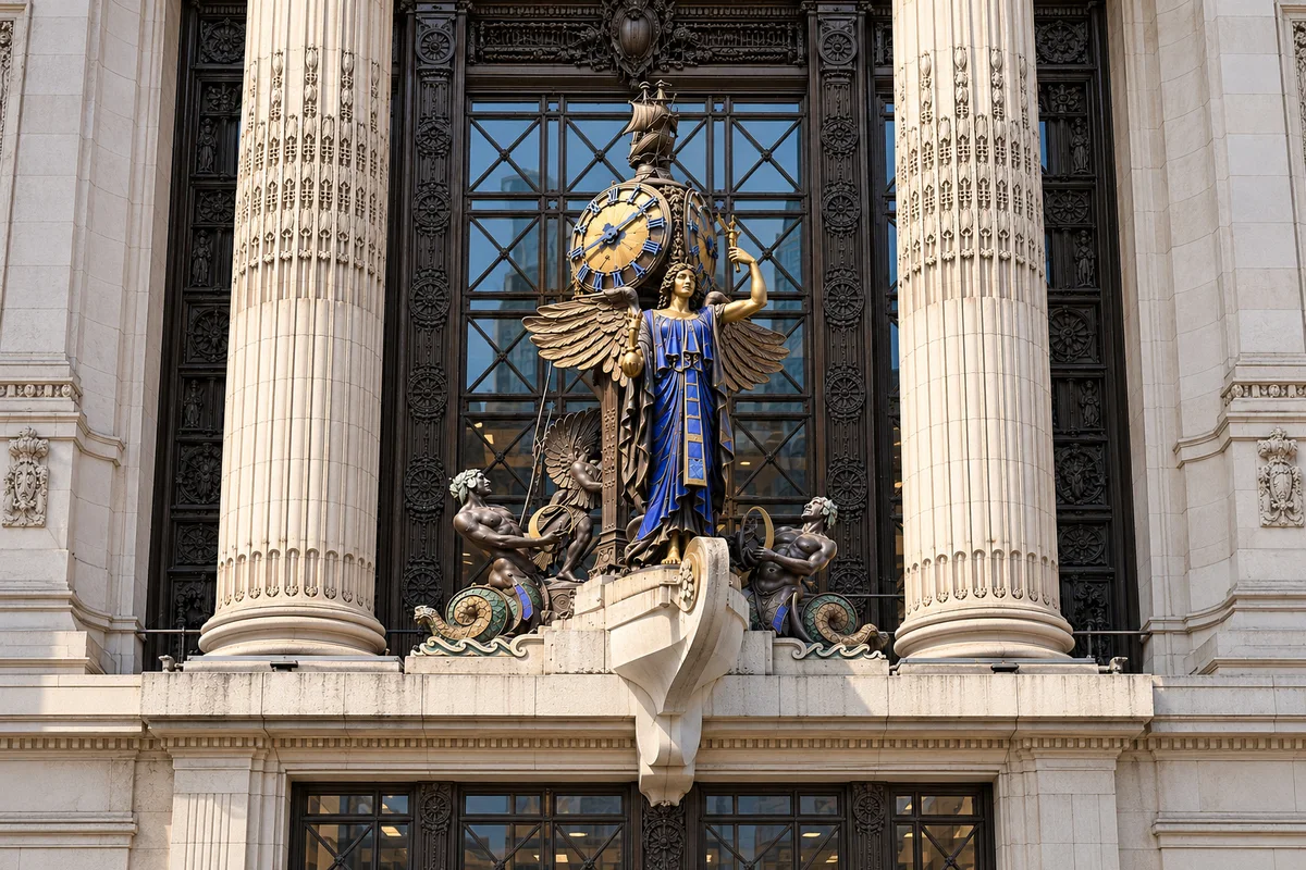 Selfridges\u2019 Queen of Time, with blue-robed winged figure, clock, attendants and stone ship prow between tall columns.