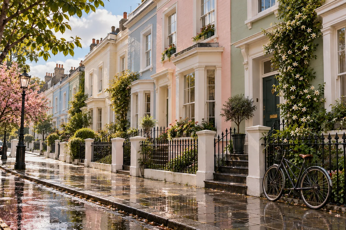 pastel terraced houses and a bicycle beside rain-darkened pavement.