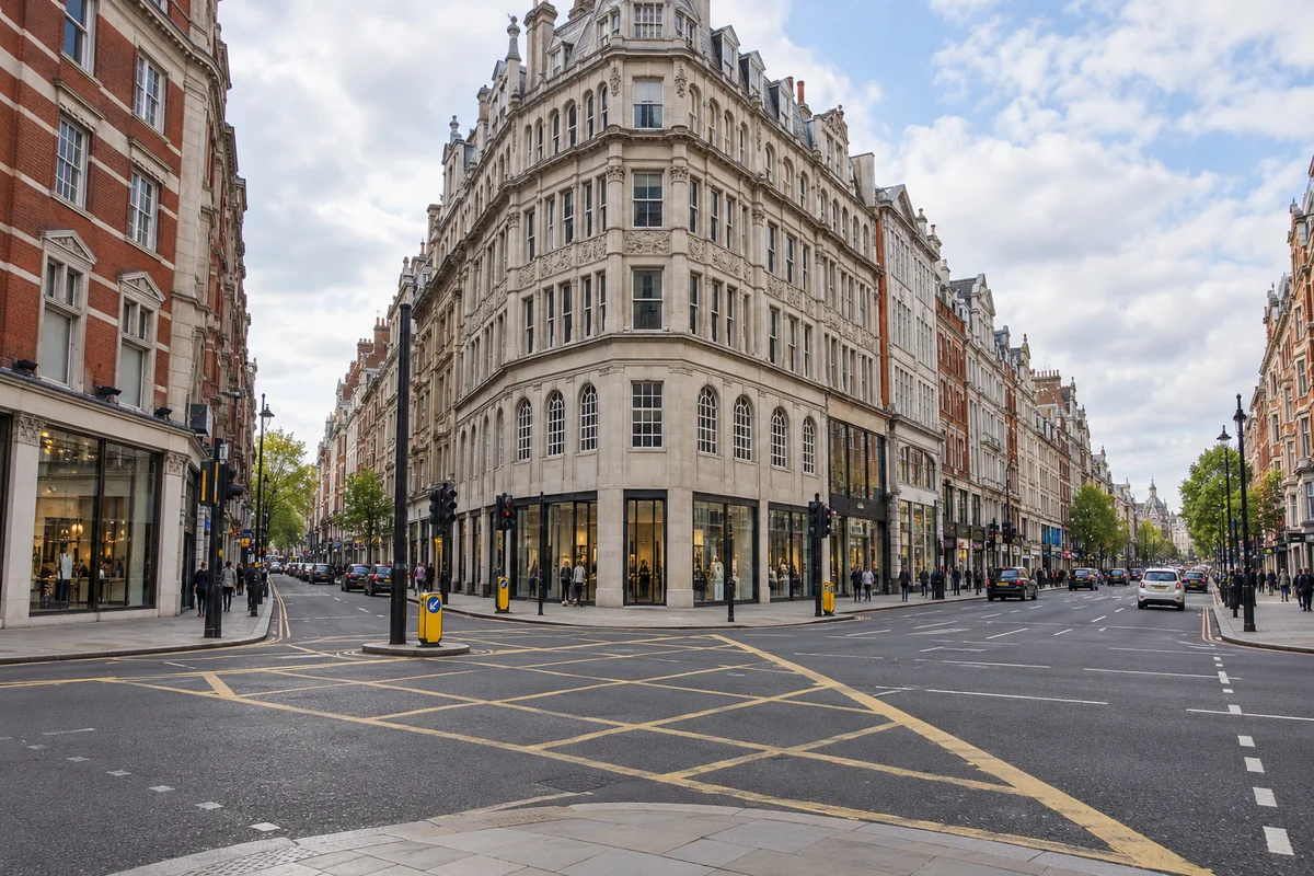 Editorial Knightsbridge junction view with narrower Sloane Street left of the pale corner and broader Brompton Road at right.