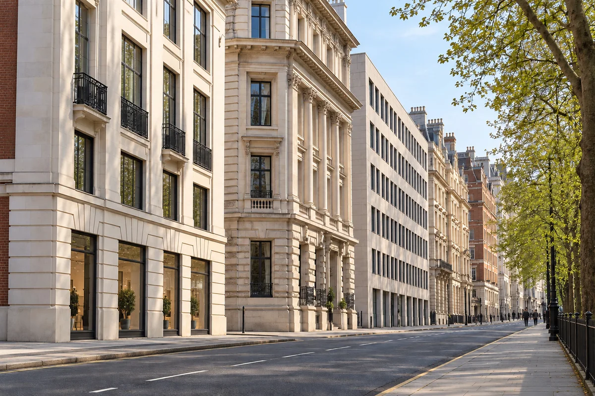 Editorial view along Piccadilly, with pale fa\u00e7ades overlapping into depth and the Green Park pavement at right.