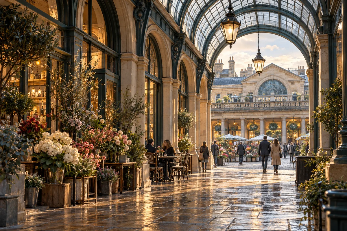 Illustrated arcaded market with flowers and café seating, inspired by Covent Garden.