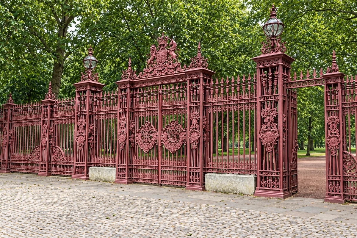 Queen's Gate at Kensington Gardens, with red ironwork between openwork piers, near paving and a partially visible park path.