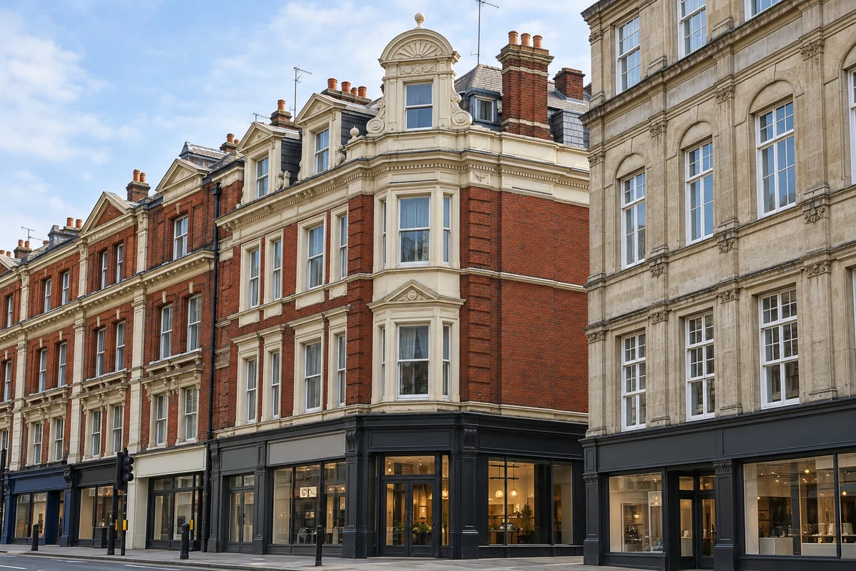 Red-brick upper floors and a pale projecting window bay on Shaftesbury Avenue, beside a stone facade and above a narrow shopfront strip.