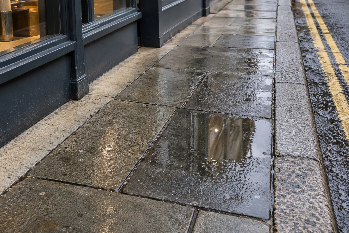 Soho pavement with a shallow reflection, darker damp stone slabs and a lighter sheltered strip beside a dark shopfront.