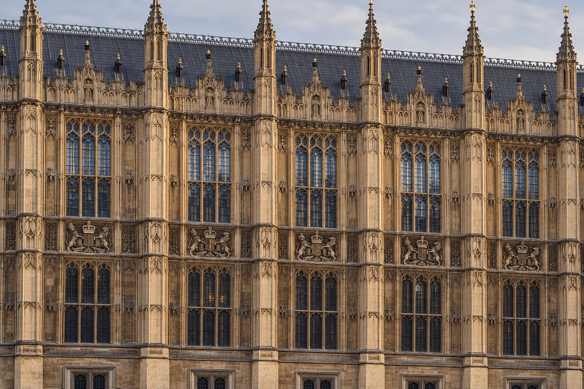 Five adjoining Palace of Westminster fa\u00e7ade bays with Gothic windows, heraldic panels, tall stone divisions and roofline detail.